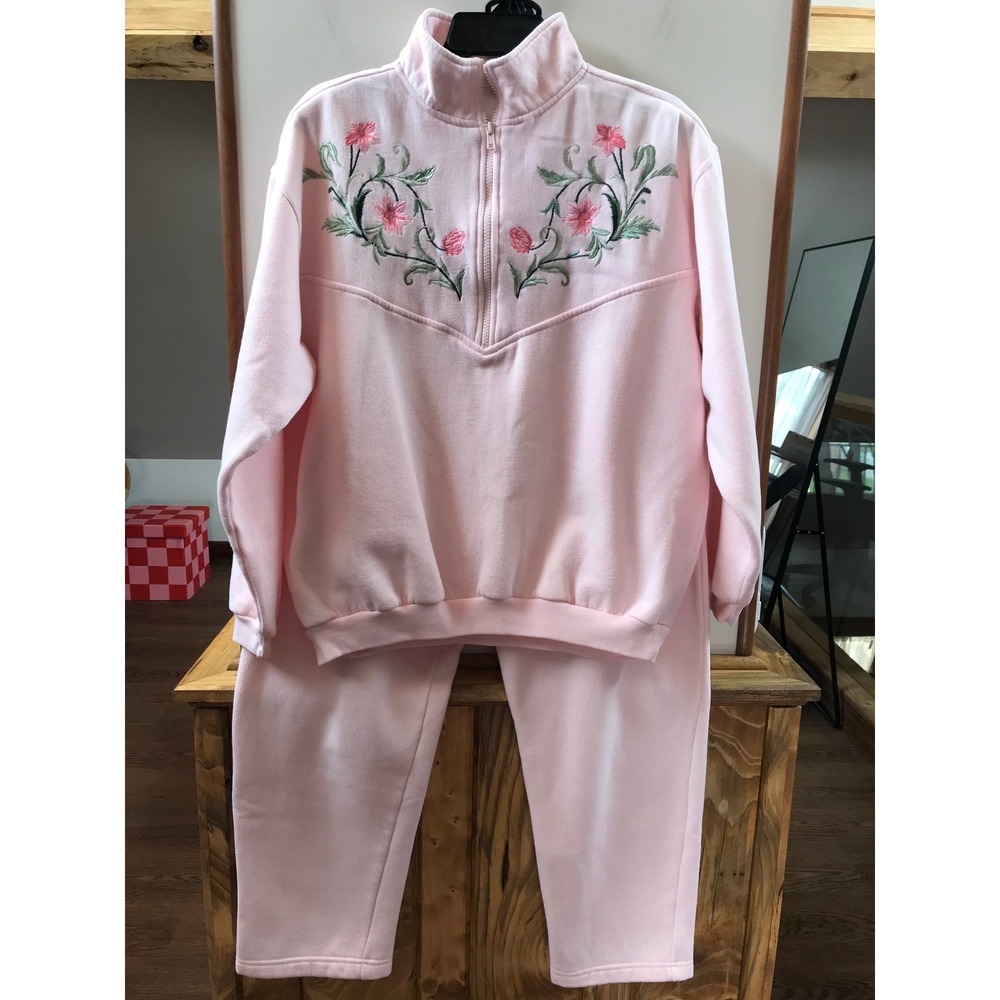 Basic Editions Sweatsuit Women XL Pink Floral Embroidered 2pc Set